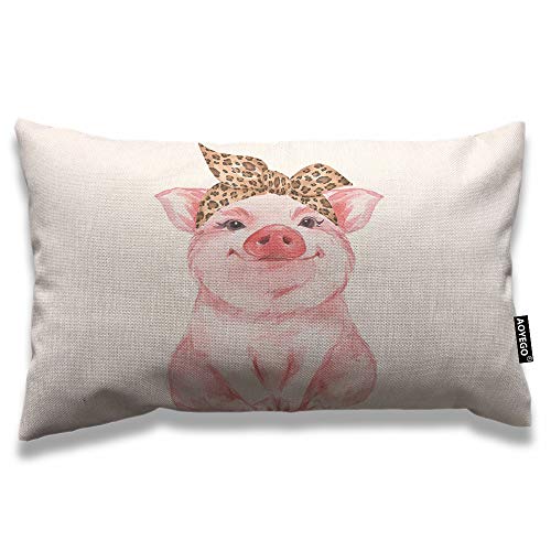 AOYEGO Schweine-Kissenbezug, 30.5x50.8 cm, Bauernhoftier, lustig, niedliches Schweinchen mit Leoparden-Bandana, rechteckige Kissenbezüge, Sofa, Rosa Cover