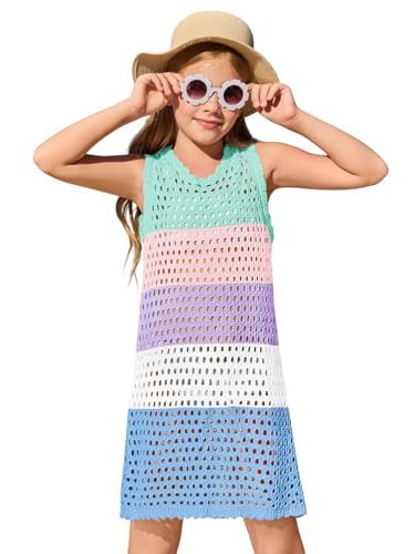 Image of Haloumoning Girls Color Block Crochet Knit Swim Cover up Kids Summer Sleeveless Beach Dress 5-14 Years