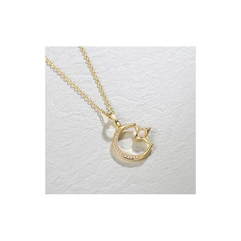 FANCIME Yellow Gold Plated Sterling Silver Created Fire Opal Moon & Star Necklace October Birthstone Statement Fine Jewelry for Women 16+2 inch Extender - Image 4