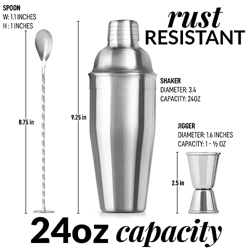 Large 24 Oz Stainless Steel Cocktail Shaker Set - Mixed Drink Shaker - Martini Shaker Set With Built In Strainer, Double Sided Jigger & Combo Muddler Mixing Spoon - Pro Margarita Shaker - By Zulay #TOP4