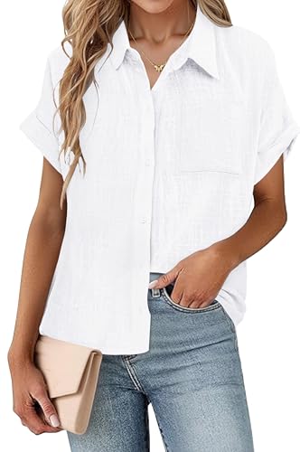 SEMARO Womens Button Down Shirts Casual Linen Feel Short Sleeve Summer Blouses Tops with Pocket White