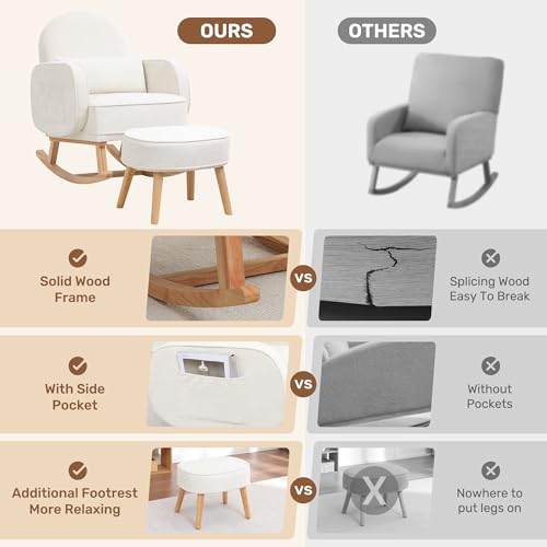 Image of HCHAIRH Rocking Chair with Ottoman, Upholstered Glider Rocker with High Backrest and Side Pocket, Comfy Chenille Reading Chair with Solid Wood Legs for Nursery, Living Room,Bedroom Beige