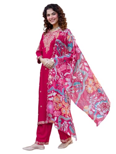 Image of INDO ERA Women's Rayon Viscose Rayon Embroidered Straight Kurta & Salwar with Dupatta Set
