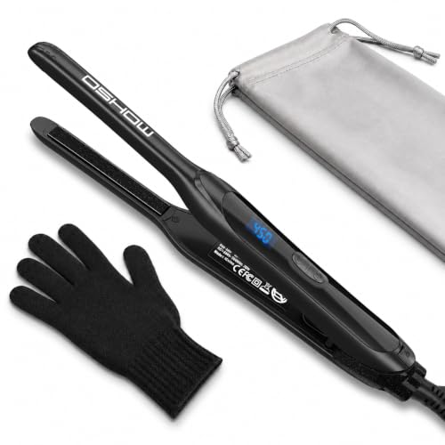DSHOW 0.3 Inch Pencil Flat Iron, Mini Straightener for Short Hair, Pixie Cuts, Bangs, Edges and Beards, Ceramic Travel Styling Tool, 6 Heat Settings, Dual Voltage, Auto Shut-Off, Black
