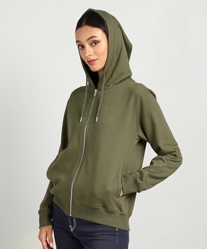 Image of Alan Jones Clothing Women's Solid Zipper Hooded Sweatshirt | Front Zip, Ribbed Hem, Lined Hood, Casual Winter Wear