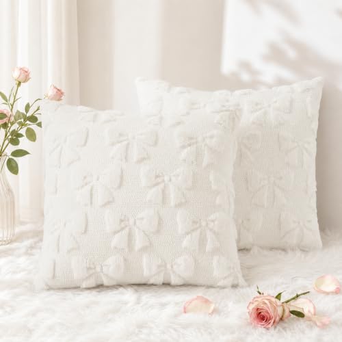 Image of decorUhome Cream White Bow Pillow Covers Set of 2 Coquette Aesthetic Cute Preppy Plush Faux Pillowcases for Girly Bedroom or Couch 20x20 Inch