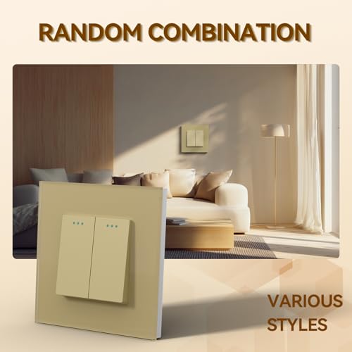 BSEED Kipplichtschalter 2 Fach 1 Weg Gold PC-Knopf 10 Ampere Mechanischer Wandlichtschalter 86 mm Glasrahmen Toggle Standardschalter