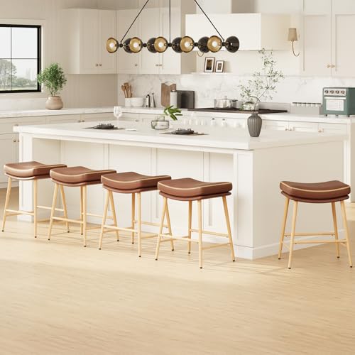 Image of MALOL Bar Stools Set of 5, Counter Height Bar Stools with Thick PU Leather Saddle Seat & Sturdy Metal Frame Legs,Backless Bar Stools for Kitchen Island Dining Cafe,Brown