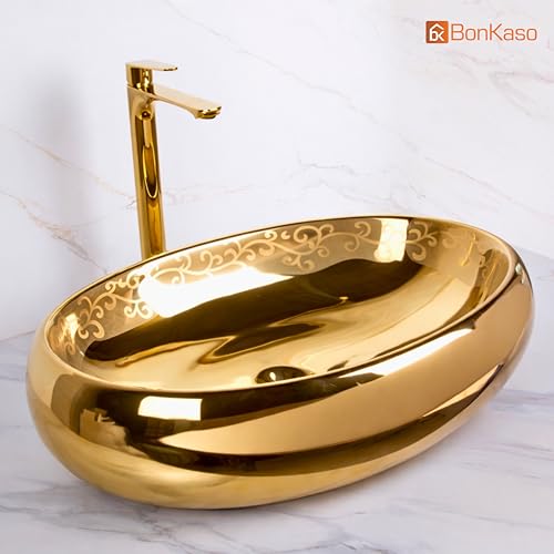 Image of BONKASO Pearl 1006 Luxury Golden Polished Ceramic Table Top Wash Basin (61 x 43 x 14.5 cm) | Large Countertop Bathroom Sink | Modern Designer Vanity Wash Basin