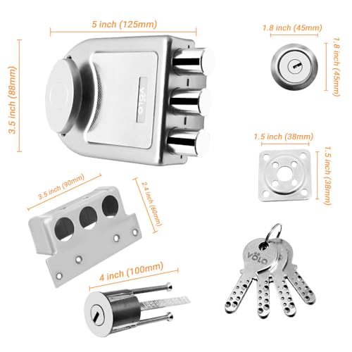 Image of VOLO Heavy Duty Tri-Bolt Rim Lock - Secure Dead Lock with Keys for Main Door, Single & Double Doors, Left & Right-Handed Use - Ideal for Home & Office (Pack of 1) (MT-05 (Satin CP))