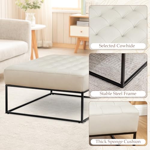 Image of Modern Genuine Leather Square Coffee Table, 30'' Farmhouse Ottoman for Living Room, Large Vintage Genuine Leather Coffee Tables with Leather Upholstered Padded Seat Beige