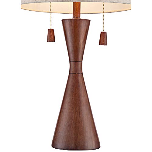 360 Lighting Omar Mid Century Modern Chic Style Table Lamps 28.75" Tall Set Of 2 Warm Brown Wood Oatmeal Tapered Drum Shade Decor For Living Room Bedroom House Bedside Nightstand Home #TOP3