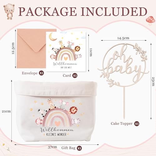 Windeltasche Junge Mädchen, Babygeschenke zur Geburt, Baby Windeltorten Tasche + CakeTopper aus Holz + Karte + Umschlag, Babygeschenk für Neugeborenen Babyparty
