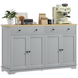 HOMCOM Sideboard Buffet with Storage, 55″ Modern Kitchen Cabinet with 2 Doors, 2 Drawers and 2 Adjustable Shelves, Coffee Bar Cabinet, Gray