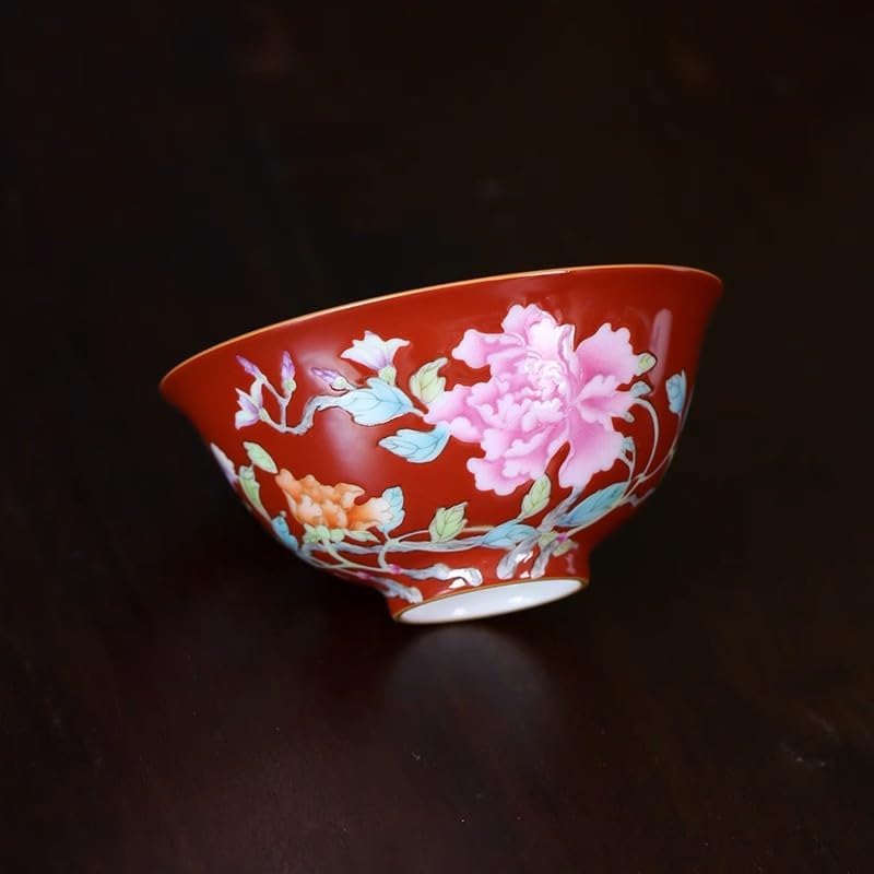 Tea Cup Hand-Painted Enamel Red Peony Host Personal Ceramic Soaking Container