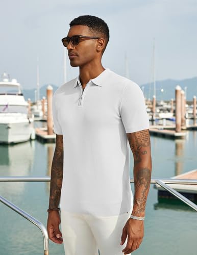 COOFANDY Polo Shirts for Men Adult Zipper Knit Golf Mens Polo Shirt Short Sleeve Casual Stretch Men's Polo Shirt Tops White 3XL - Image 4