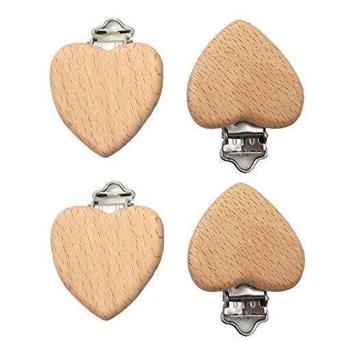 Image of 10pcs Natural Wood Suspender Pacifier Clips Cute Beech Wooden Animal Heart Shape Clips Charm DIY Beading Pacifier Chain Accessory