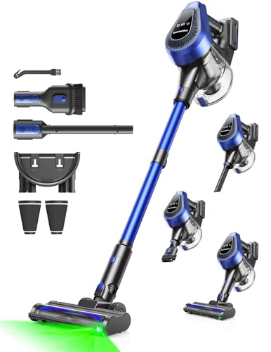 50Min Aspirapolvere Senza Fili Potente, 450W Scopa Elettrica Senza Fili, 40KPA Scopa Elettrica, 1,5 L Contenitore per la Polvere Aspirapolvere Senza Fili, Aspirapolvere Con filtro a 8 strati, Blu