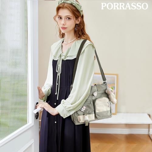 PORRASSO Crossbody Bag Cute Little Bear Shoulder Bag Nylon Messenger Bag Women Satchel for Travel Daily Use Green2