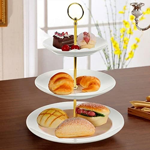 SIGMAPLUS 3 Tier White Ceramic Cake Stand Porcelain Round Display Platter | Food Fruit Cupcake for Tea, Party, Gathering | Elegant White Dessert Serving Rack with Gold Handle Tray Platter