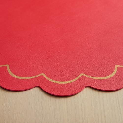 Image of kate spade new york Scallop Edge Round Reversible Placemats 6-Pack Set, Imitation Leather with Metallic Print, Water Resistant, Easy Wipe Clean, Red /Gold, 15 inch Round