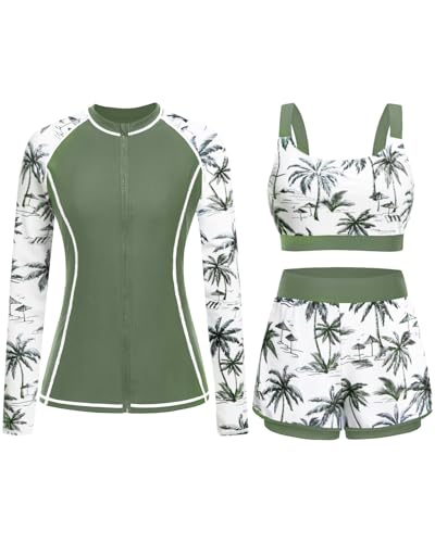 Green Palm Tree 3 Piece Rash Guard for Women - Long Sleeve Swimsuits with Shorts SPF Zip up Swim Shirt with Built in Bra L