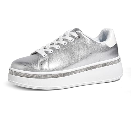Women's Sparkly Platform Sneakers Casual Shoes with Glitter Accents & 2-Inch Thick Non-Slip Sole for Streetwear, Everyday Shine