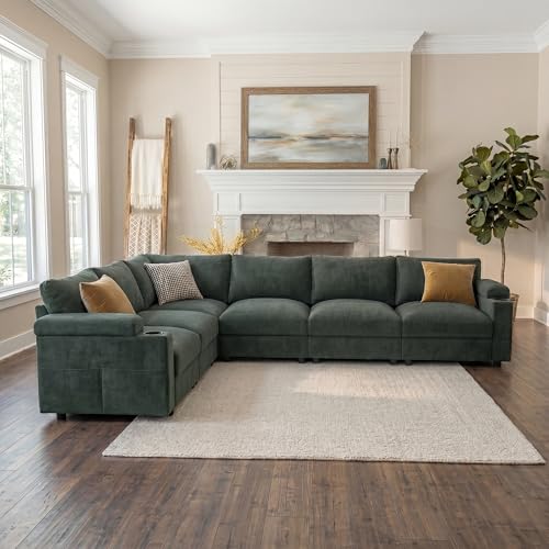 Image of Sectional Couches for Living Room FSC Certified Chenille Modular Couch Oversized Cloud U Shaped Convertible Sleeper Sofa Chaise Detachable Armrest Cushion (Chenille Green, L Shape 6 Seat)