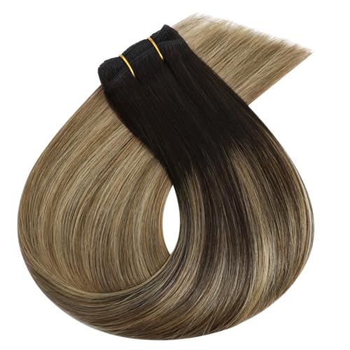 Image of Full Shine 24 Inch Machine Weft Hair Extensions 105G Brown Honey Blonde | Invisible Machine Tied Weft, Dark Brown To Honey Blonde Mix Ash Brown Balayage, Remy Human Hair, Hair Transformation