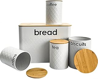 5pc Bread Bin and Canister Sets Available In 4 Colours Kitchen Loaf Storage Box + Airtight Bamboo Lid (White)