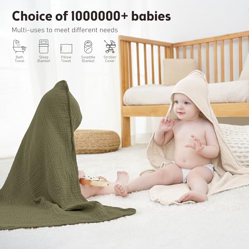 Image of Susurration Hooded Baby Towels for Newborn 2 Pack 100% Muslin Cotton Towel for Babies，Highly Absorbent and Newborn Essential 30x30 Inch Cream&Dark Green