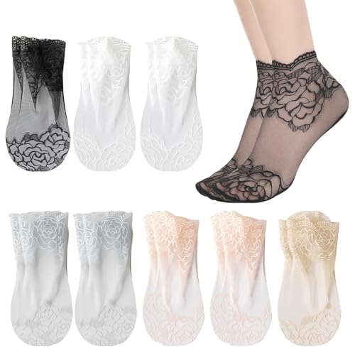 ClcIosis 8 Paar Spitze Damen Socken Set, Durchsichtige Spitzen Söckchen Damen, Sommer Atmungsaktiv Spitzen Knöchel Kurze Socken Für, Kleidung und Accessoires für Frauen und Mädchen (Polychrom)