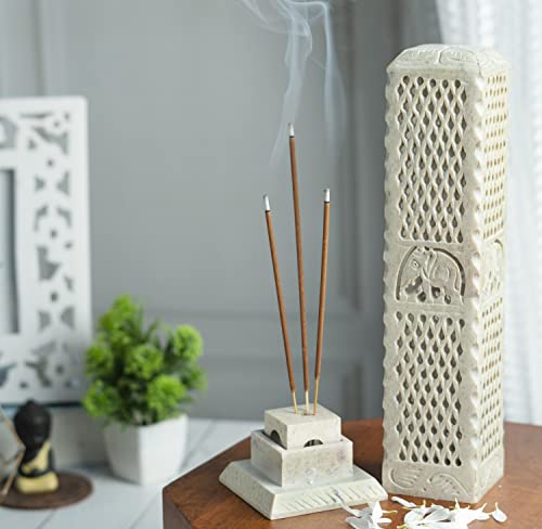 Crocon Handmade Soapstone Incense Stick Tower Burner Elephant And Jali Design Square Burner Incense Stick & Candle Holder Home & Living Room Decoration Item Best Gift Set Size - Lxwxh, 3X3X10 Inch #TOP2
