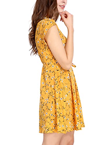 Allegra K Women's Boho Crossover V Neck Petal Sleeves Belted Floral Flowy Dress Medium Yellow #TOP4