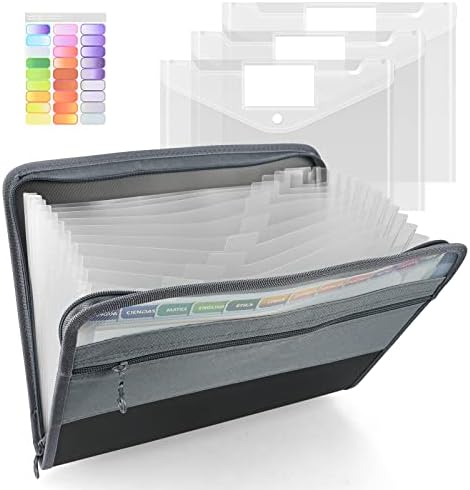 13 Pockets Expanding File Folder with 3 Transparent Folder, A4 Plastic Document Wallet Organizer with Zipper Closure Handy Front Pocket for Personal Office Stationery Storage