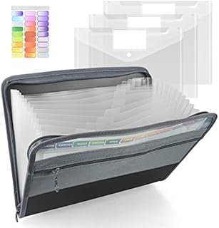 13 Pockets Expanding File Folder with 3 Transparent Folder, A4 Plastic Document Wallet Organizer with Zipper Closure Handy Front Pocket for Personal Office Stationery Storage