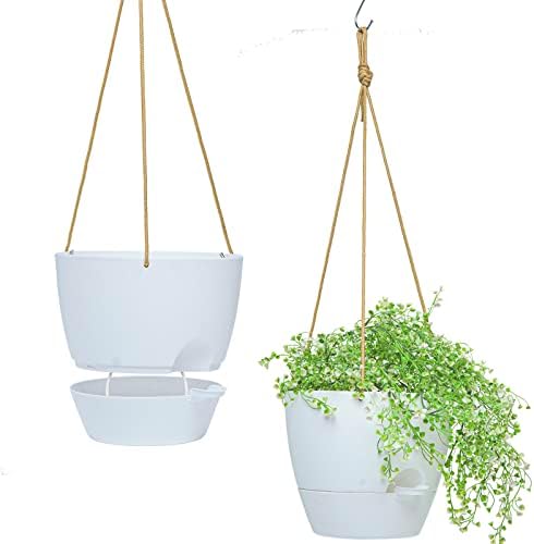 SwinDuck 10 Inch Self Watering Hanging Pots, 2 Pack Hanging Planters with 40oZ Deep Reservior for Indoor Outdoor Plants Flowers, White