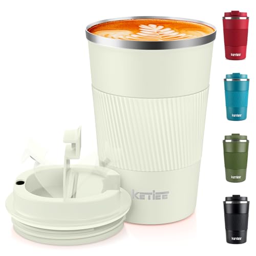 Image of KETIEE Travel Mug 380ml Insulated with Leakproof Lid - Reusable Double Walled Thermal Coffee Cups, Stainless Steel Coffee Mug for Hot Cold Drinks - Cream