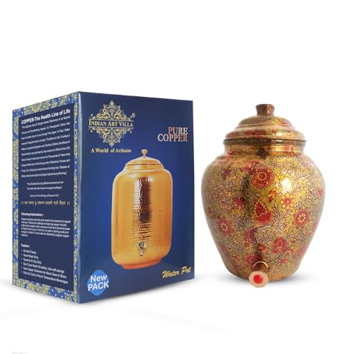 Image of Indian Art Villa Printed Paisely Design Copper Water Dispenser Pot Matka, Storage, Home Kitchen Garden, 6 LTR