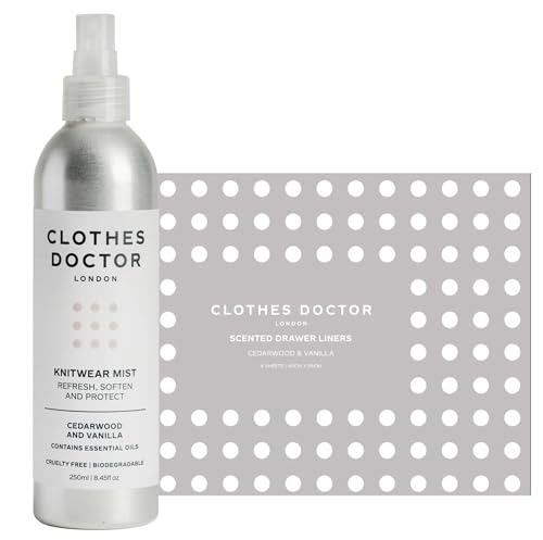 Clothes Doctor Luxury Cedarwood & Vanilla Drawer Liners & Knitwear Mist Set – Natural Moth-Repelling Wardrobe Refresh, Long-Lasting Fragrance & Gentle Garment Care