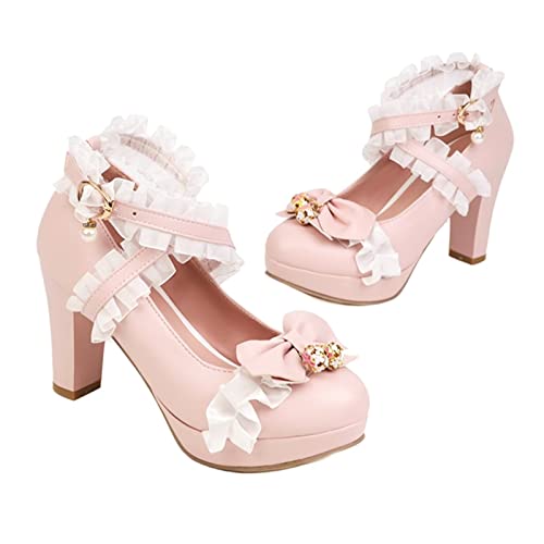 Image of FOREADA Lolita Shoes Platform Mary Jane Heels Kawaii Bow Lace Pearl Pumps | Vintage kawaii lolita styling ideal for dresses, with bead, lace, bow, ankle strap, pink, white and classic black colors