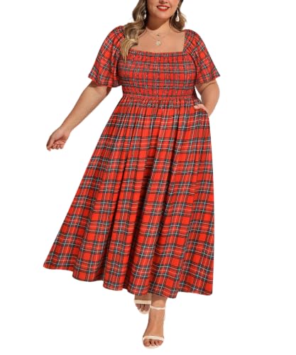 Image of RITERA Plus Size Dresses for Curvy Women Square Neck Short Sleeve Summer Floral Smocked Maxi Dress with Pocket XL-5XL
