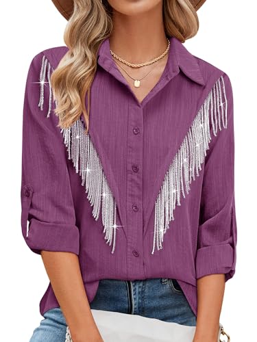 Image of MYMORE Womens Sparkly Fringe Shirt Western Cowgirl Country Concert Outfit