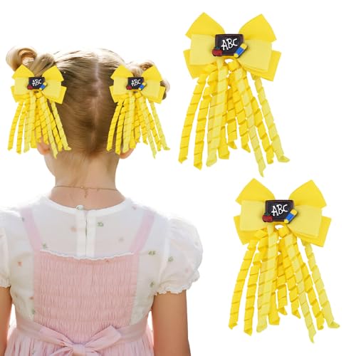 Back to School Hair Clips for Women Girl ABC Yellow Baby Girls Hair Accessories Curly Korker Bow Hair Clips Toddler First Day of School Gifts for Preschool Kindergarten Hair Bows Barrettes 2pcs image 3