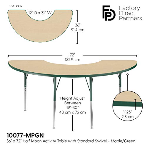 Image of FDP Half Moon Activity School and Office Table (36 x 72 inch), Standard Legs with Swivel Glides for Collaborative Seating Environments, Adjustable Height 19-30 inches - Maple Top and Green Edge