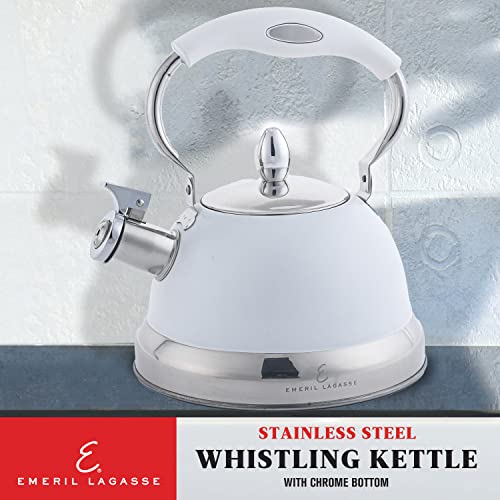 Emeril Lagasse 2.6 Quart/2.5 Liter Whistling Tea Kettle, Stainless Steel Tea Pot For Induction Stove Top, Fast To Boil Water For Home Kitchen Condo, With Ergonomic Cool Folding Grip Handle, White #TOP1