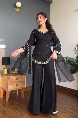 Image of IYALAFAB WOMEN'S Heavy Natural Crep Silk Stitched Ethnic Salwar Kameez - Long Kurti with Embroidered Sleeves, Party & Festival Wear (SF251-ve115 Black1 XXL)