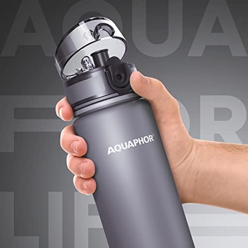 AQUAPHOR City Bottle 500ml Grey I Bottle with water filter for travel I Filter with activated carbon I Filters chlorine I Made of Tritan & BPA-free