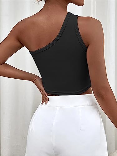 Dninmim Women Knit Tank Top Solid One Shoulder Ribbed Black Vest Slim Short Sleeveless Y2K Camisole4