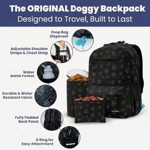 Image of Dog Travel Bag for Supplies - Complete Dog Diaper Bag Backpack with 2 BPA-Free Travel Bowls, Treat Pouch, Food Container, Placemat & Laptop Sleeve - for Traveling, Road Trips, Hiking: Black-Paw Print